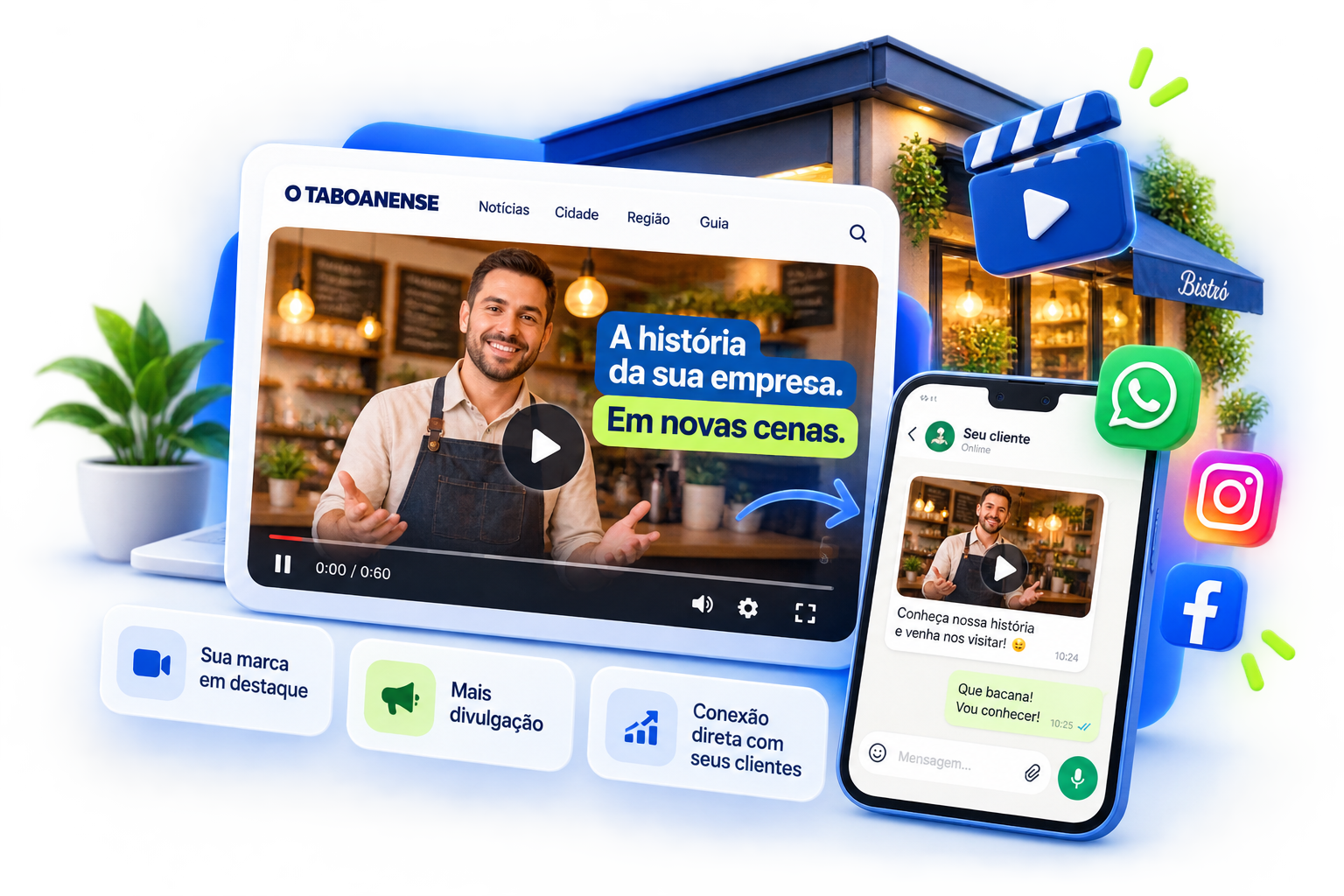 Ilustração de um negócio local transformado em vídeo promocional, exibido em um site de notícias e compartilhado pelo celular no WhatsApp e nas redes sociais
